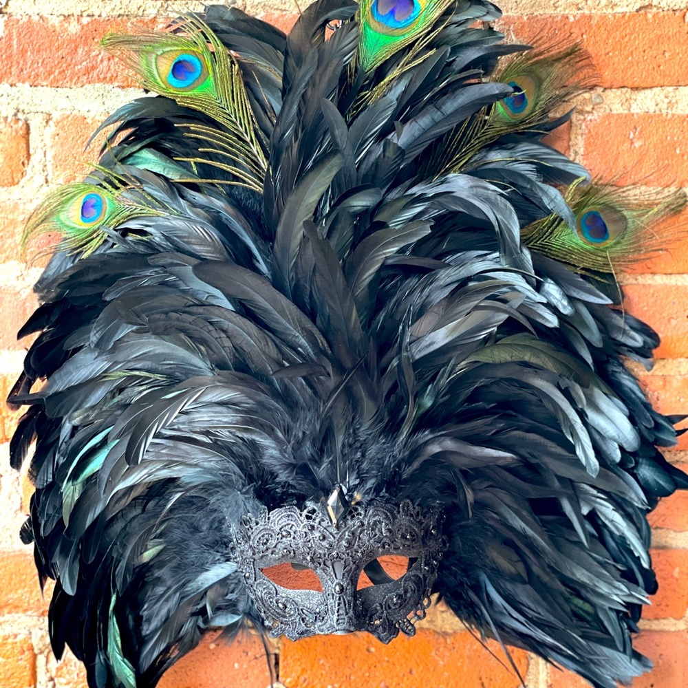 Black and Peacock Feather Masquerade Mask